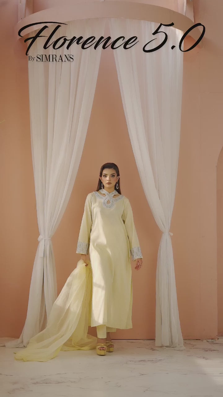 3pc cotton cambric long kameez with hand pearl neckline