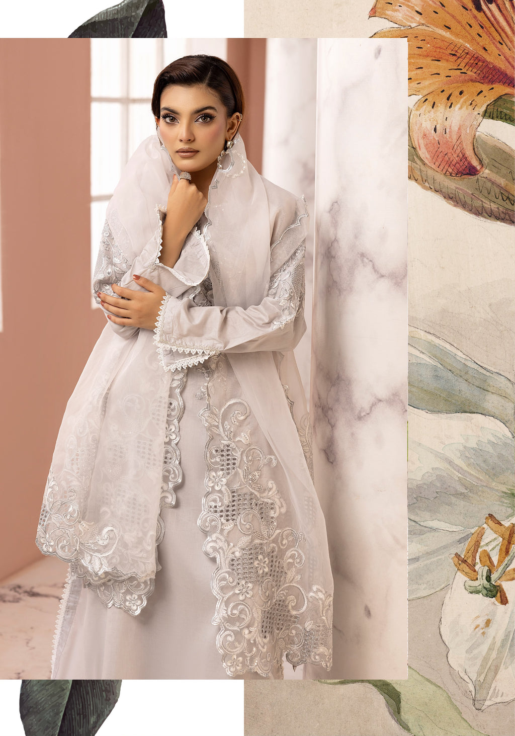 Jackyard fabric double layer kamiz with chiffon cutwork embroidered duppta