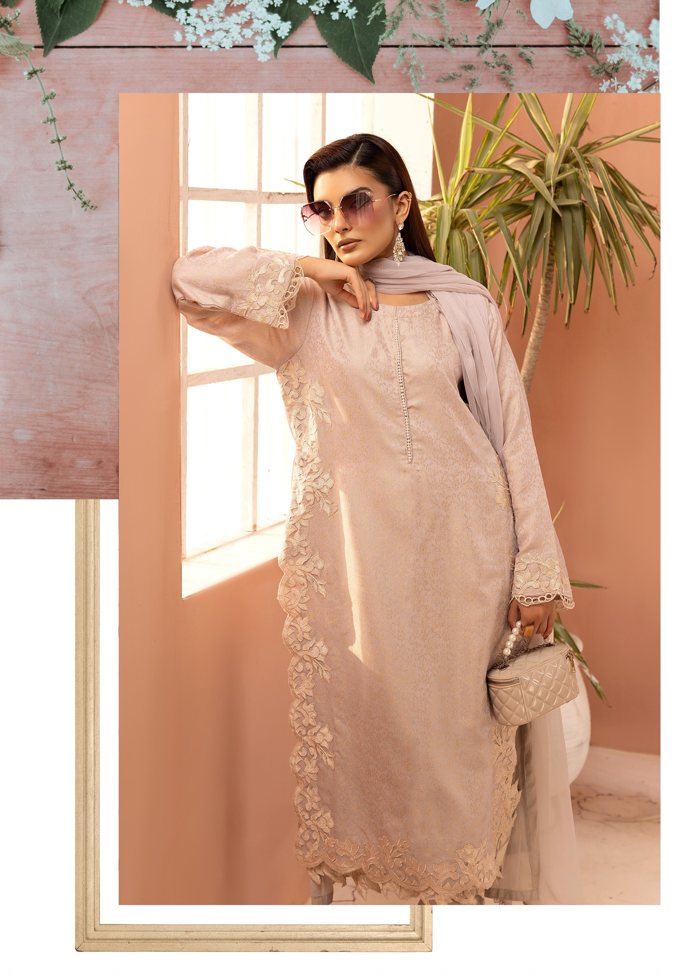 Jackyard fabric double layer kamiz with chiffon cutwork embroidered duppta