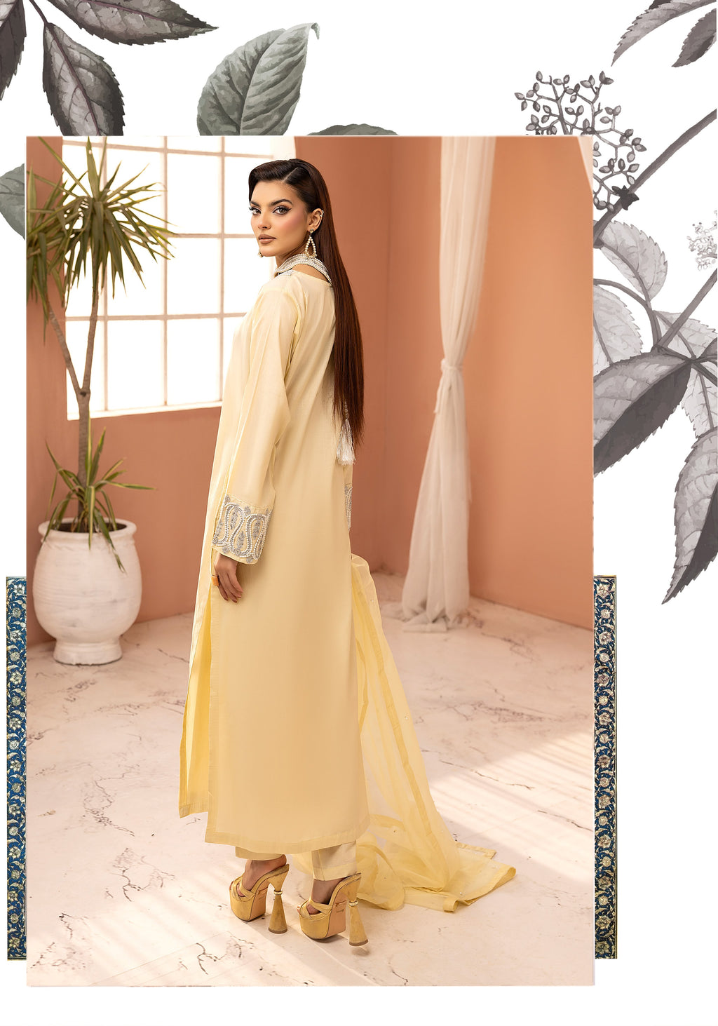 3pc cotton cambric long kameez with hand pearl neckline