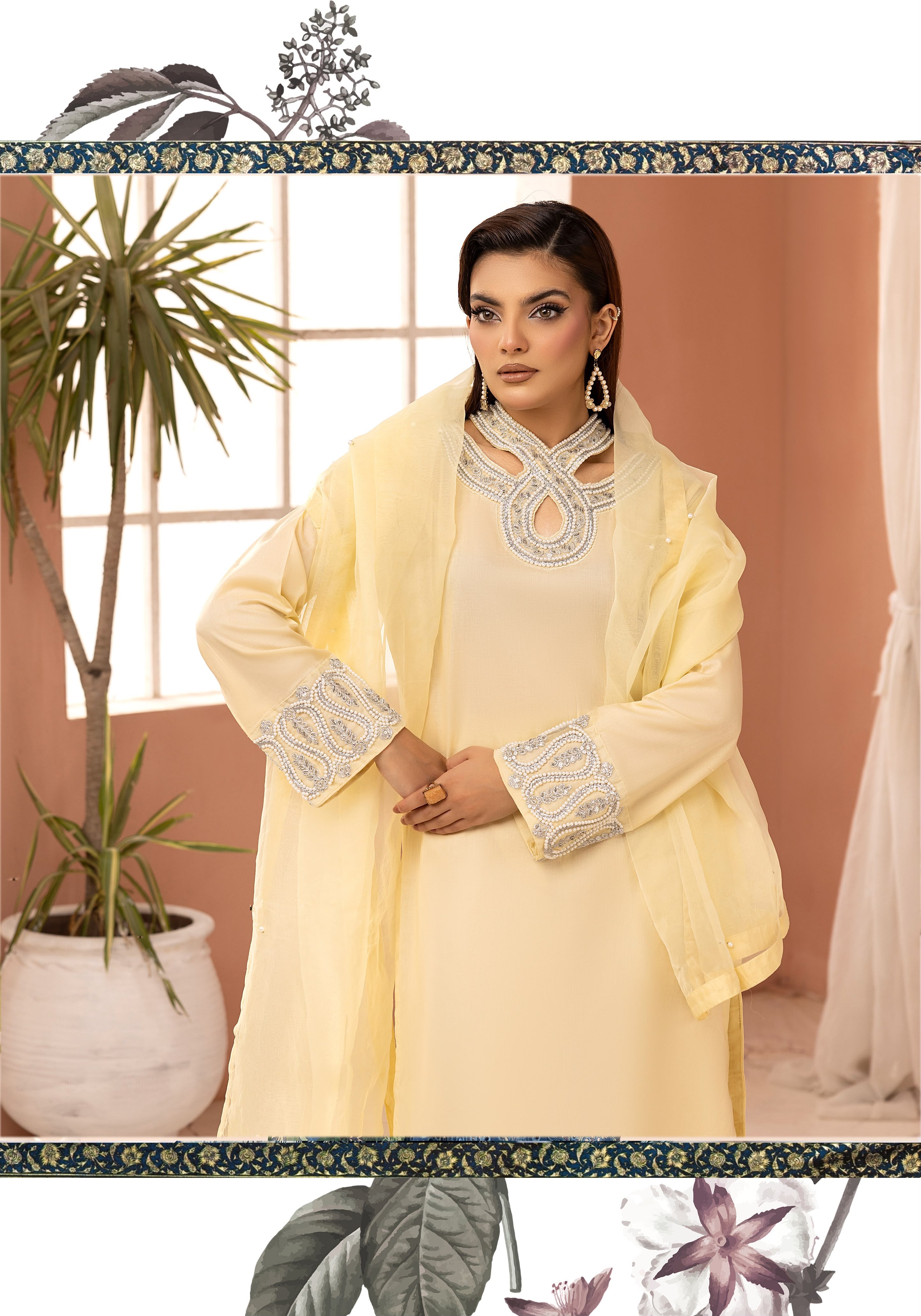 3pc cotton cambric long kameez with hand pearl neckline