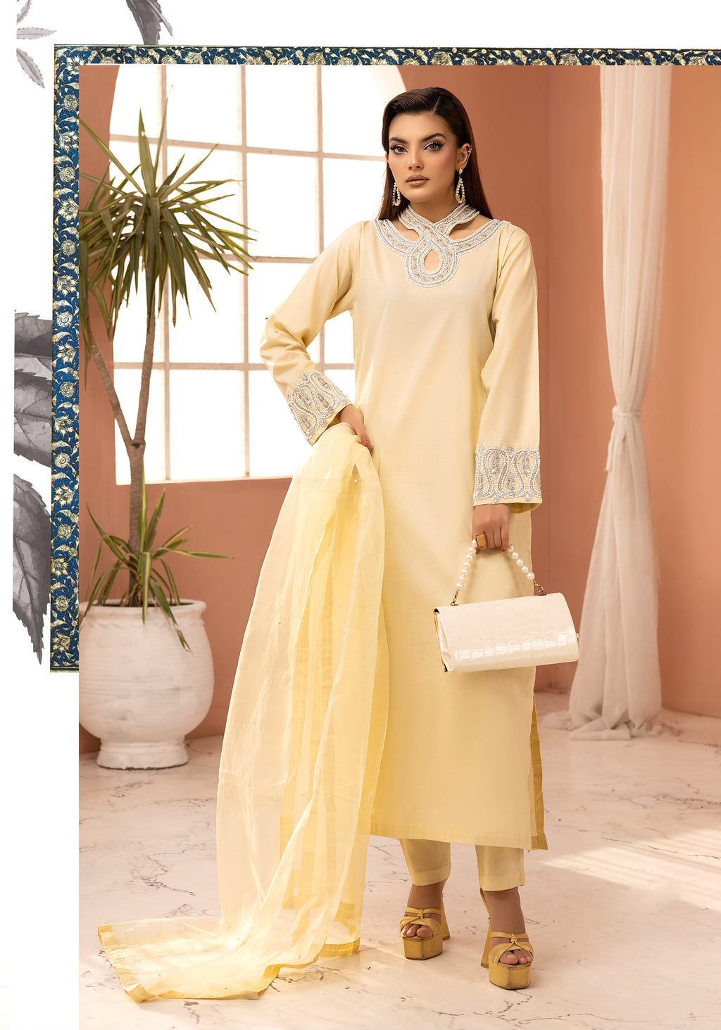 3pc cotton cambric long kameez with hand pearl neckline